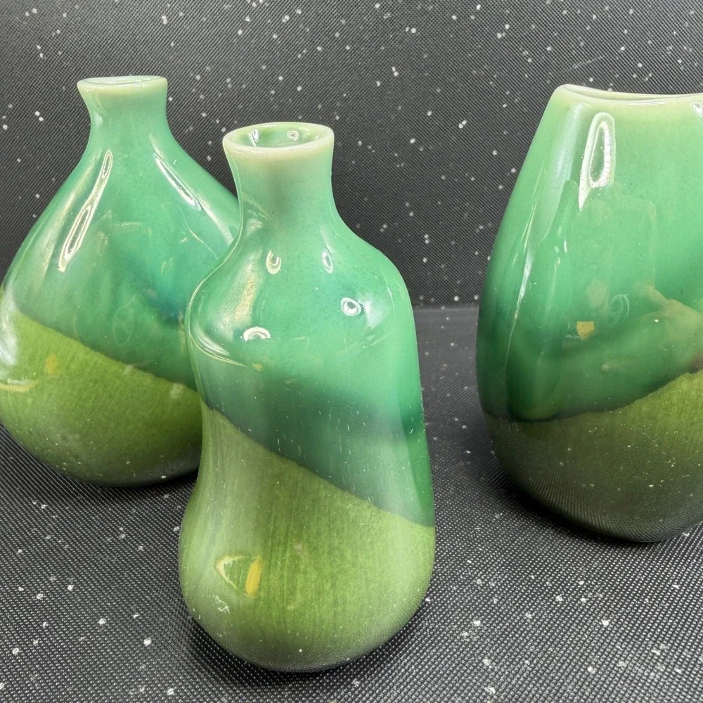 IKEA 3 Piece Bud Vase Set Green Two Tone Glazed Ceramic Organic Shape 4.5 Inch